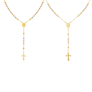 Religious tri-color stainless steel rosary necklace with Virgin Mary medal and gold cross