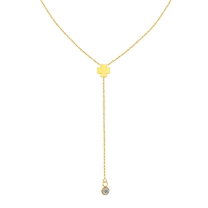 Collar en Y dorado con trébol pulido y circonita brillante en cadena de eslabones