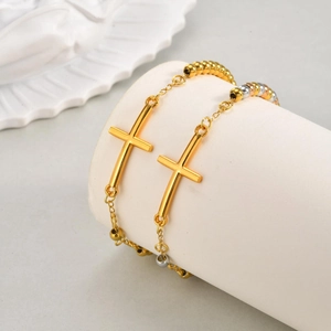 Pulsera Religiosa de Acero Inoxidable Vintage para Mujer Cuentas Tricolores Oro Colgante de Cruz Virgen María Joyería Ajustable