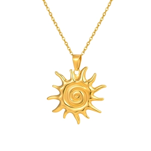 Golden stainless steel sun pendant necklace with spiral center for women's fashion