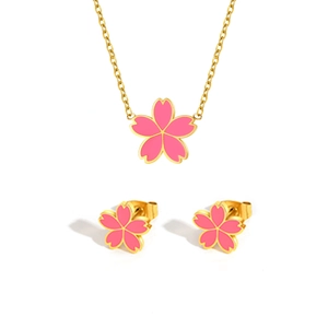 Parure en acier inoxydable doré avec collier et boucles d'oreilles fleur de cerisier rose