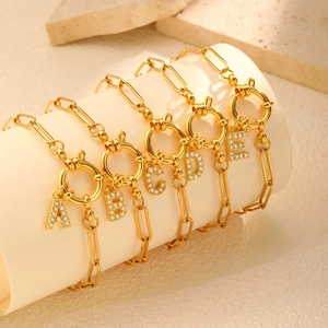Roestvrij Staal 18K Verguld Paperclip Ketting Initiaal Armband Zirkonia Koperen Letter Charm Voor Vrouwen Mode Sieraden