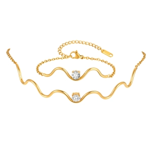 Goldenes Schmuckset aus Edelstahl mit Wellenarmband und Zirkon-Anhänger Halskette