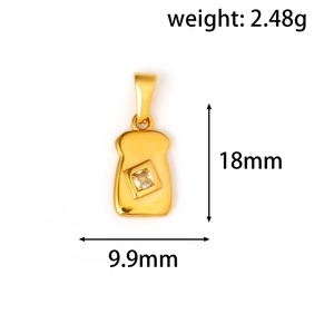 Detailed macro view of toast-shaped gold pendant with dimensions 18mm by 9.9mm