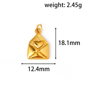 Detailed view of gold envelope heart pendant with 18.1mm height and 12.4mm width specs
