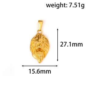 Macro detail of gold lion head pendant showing intricate mane texture and dimensions