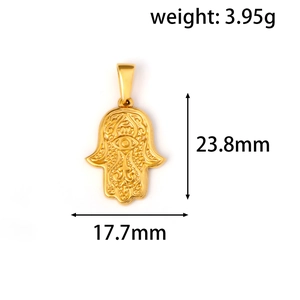 Detail of gold Hamsa pendant with dimensions 23.8mm x 17.7mm and protective eye relief