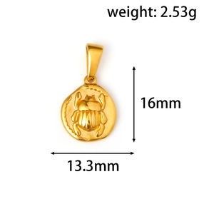 Detail of golden beetle embossed pendant showing dimensions 16x13.3mm and weight 2.53g