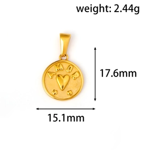 Detail of vintage gold AMOR coin pendant showing 17.6mm height and 2.44g weight