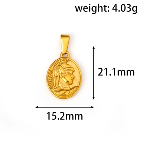 Detailed view of embossed gold warrior oval pendant with 21.1mm height and 4.03g weight