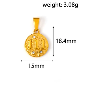Polished gold circular number 111 pendant with hammered texture and cubic zirconia