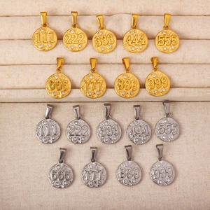 Stainless Steel Angel Number Pendant Necklace For Women Gold Silver Plated Hammered Round Coin Necklace With Zirconia