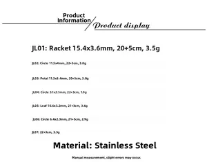 Size guide for stainless steel anklets showing weights and leaf racket design dimensions