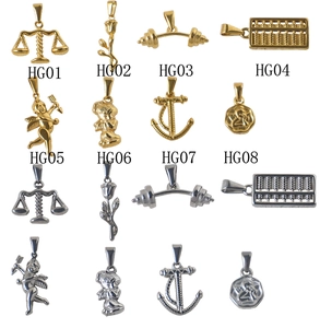 Macro display of diverse 18K gold and silver stainless steel charms with product codes