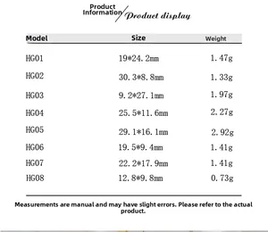 Size chart table with weights and dimensions for stainless steel pendant models HG01-HG08