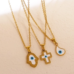 Vintage 24k gold-plated Evil Eye pendant necklace set with Fatima hand and cross charms