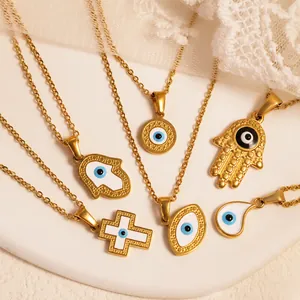 24k gold-plated Evil Eye pendant necklace set with Hamsa and blue enamel details