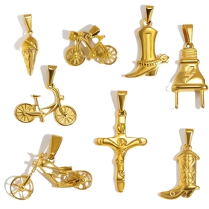Collection of gold stainless steel pendants featuring bicycle, boots and cross designs
