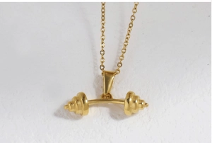 Macro detail of a 18K gold plated stainless steel barbell pendant on a fine link chain