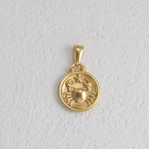 Vue détaillée du médaillon zodiaque Cancer plaqué or 18k avec relief d'étoile