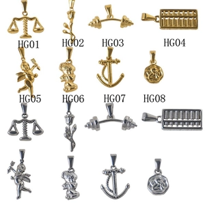 Golden and silver stainless steel pendants featuring Cupid, rose, and anchor designs