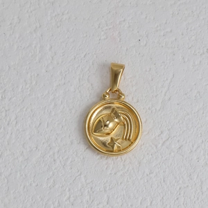 Relief détaillé du signe Verseau sur pendentif zodiaque rond plaqué or 18k en acier