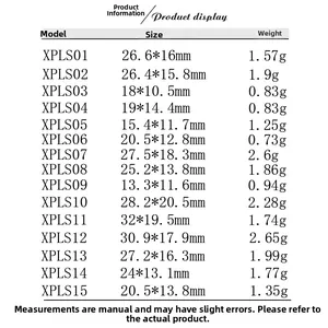 Size chart showing model specifications, dimensions, and weights for stainless steel pendants