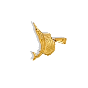 Macro detail of 24K gold plated swordfish pendant with smooth metallic texture and fins