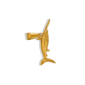 Close-up of a detailed swordfish pendant in polished 24K gold-plated stainless steel