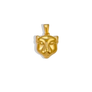 Macro shot of 24K gold plated leopard head pendant featuring matte brushed metal textures