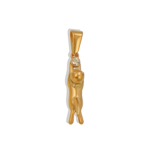 Detail of 24K gold plated stainless steel climbing cat pendant with a single zircon stone