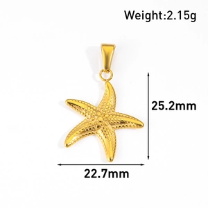 Detail view of gold starfish pendant with textured surface and exact measurements