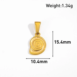 Macro detail of 24k gold plated stainless steel snail shell pendant with measurements