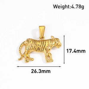 Macro view of 24k gold plated stainless steel tiger pendant with detailed stripes