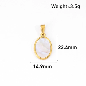 Détail du pendentif ovale plaqué or 24K avec nacre blanche et ses dimensions