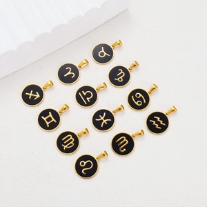 Golden zodiac pendants with black enamel featuring twelve star signs on a white backdrop
