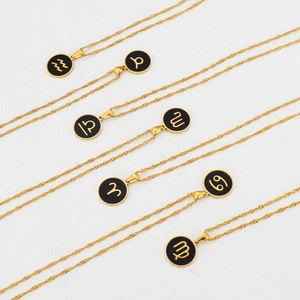 18k gold plated stainless steel zodiac necklaces with black enamel circle pendants