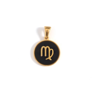 Detailed close-up of a black and gold Virgo zodiac pendant made of stainless steel