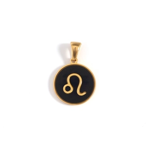 Macro detail of gold-plated Leo zodiac charm pendant with black enamel finish