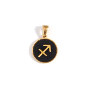 Detail of a Sagittarius constellation pendant with black enamel and 18k gold plating