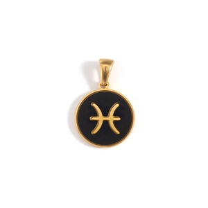 Macro detail of 18k gold plated Pisces zodiac pendant with black enamel finish
