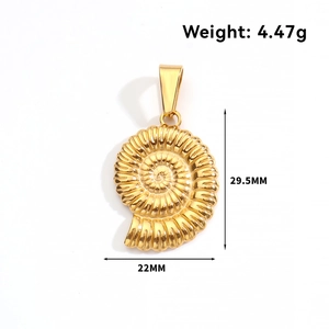 Detailed view of nautilus shell pendant with dimensions 29.5mm x 22mm in gold finish