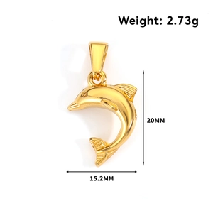 Detailed view of a gold dolphin pendant with measurements of 20mm height and 15.2mm width