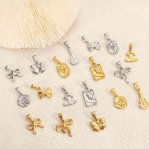 Vintage Stainless Steel Electroplated DIY Pendant Accessory Bow Knot Rose Flower Dress Violin Sunflower Rhinestone Pendants For Women