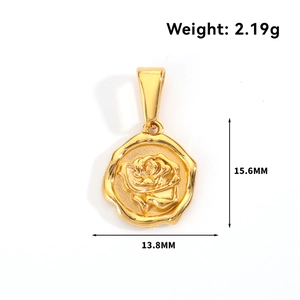 Macro detail of a 24k gold plated rose relief pendant with dimensions 13.8x15.6mm