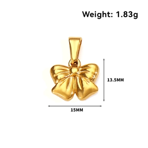 Detailed view of polished gold bow pendant with 13.5mm by 15mm size and 1.83g weight info