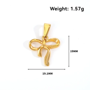 Detailed view of gold bow-knot charm with 19mm size measurements and technical specs