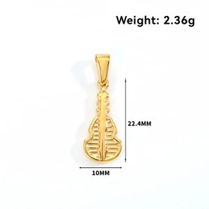 Polished gold musical instrument pendant showing 22.4mm height and 2.36g weight specs