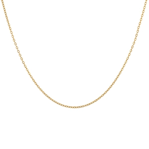 Detail van een minimalistische gouden roestvrijstalen kruisketting met glanzende afwerking