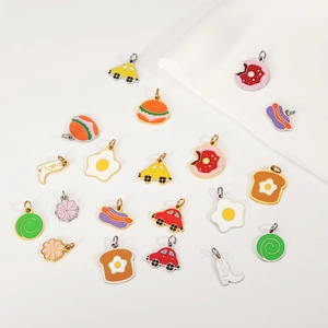 Stainless Steel Cartoon Food Enamel Pendants For DIY Jewelry Making Hamburger Donut Sun Egg Hotdog Car Flower Charms Accessories